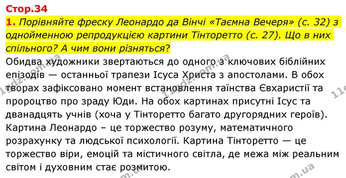 1. Порівняйте фреску Леонардо да Вінчі «Таємна Вечеря» (с. 32) з однойменною репродукцією картини Тінторетто (с. 27). Що в них — ГДЗ Зарубіжна література 8 клас Волощук