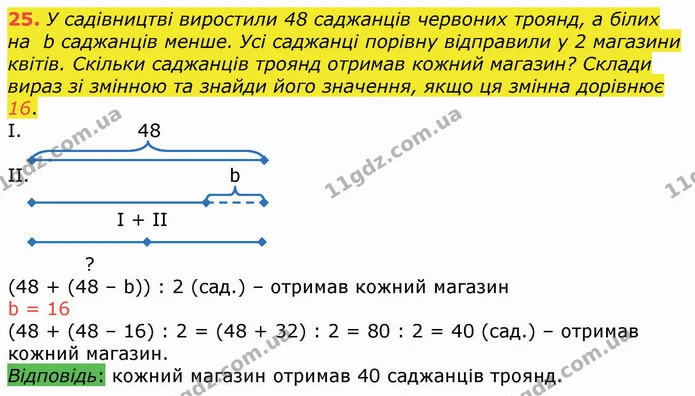 25. У садівництві виростили 48 саджанців червоних троянд, а білих на b саджанців менше. Усі саджанці порівну відправили у 2 магазини — ГДЗ Математика 4 клас Оляницька