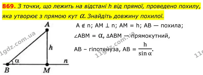 869. З точки, що лежить на відстані h від прямої, проведено похилу, — ГДЗ Геометрія 8 клас Бевз