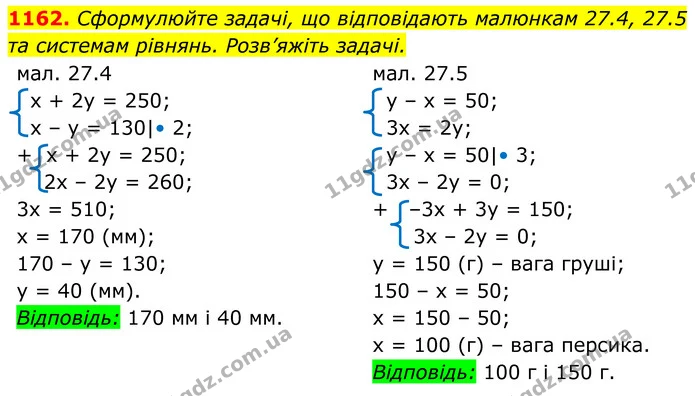 1162. Сформулюйте задачі, що відповідають малюнкам 27.4, 27.5 — ГДЗ Алгебра 7 клас Бевз