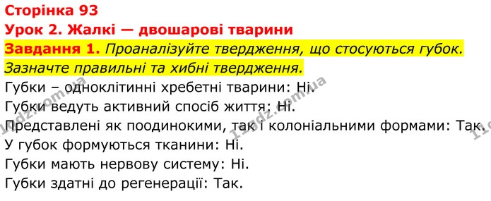 1. Проаналізуйте твердження, що стосуються губок. Зазначте правильні та хибні твердження. — ГДЗ Робочий зошит Біологія 7 клас Мирна 2024