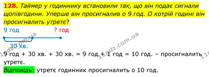 128. Таймер у годиннику встановили так, що він подає сигнали щопівгодини. Уперше він просигналив о 9 год. О котрій годині він — ГДЗ Математика 4 клас Листопад