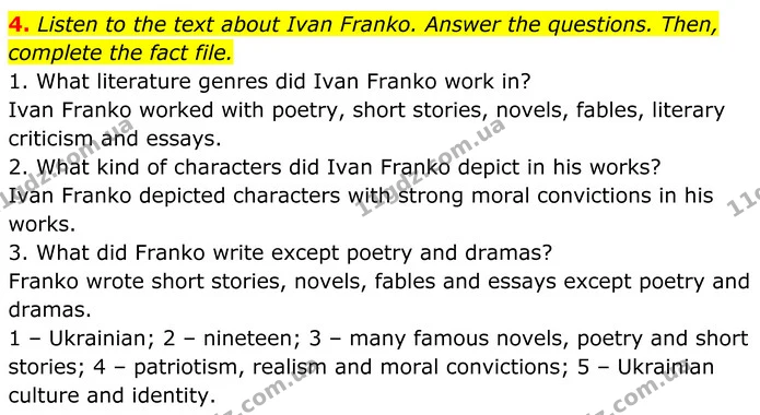 4. Listen to the text about Ivan Franko. Answer the questions. Then, complete the fact file. — ГДЗ Англійська мова 7 клас Коста