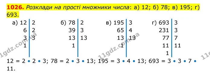1026. Розклади на прості множники числа: а) 12; б) 78; в) 195; г) 693. — ГДЗ Математика 6 клас Бевз 1-2 ч.