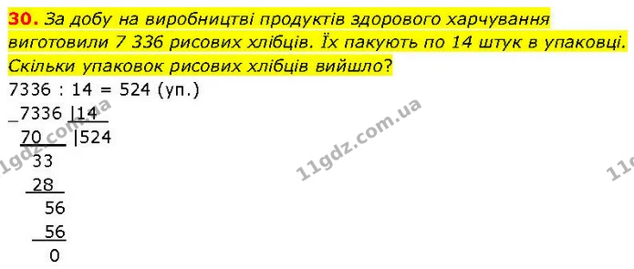 30. За добу на виробництві продуктів здорового харчування виготовили 7 336 рисових хлібців. Їх пакують по 14 штук в упаковці. Скільки — ГДЗ Математика 6 клас Біос 1-2 ч.