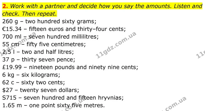 2. Work with a partner and decide how you say the amounts. Listen and check. Then repeat. — ГДЗ Англійська мова 7 клас Коста
