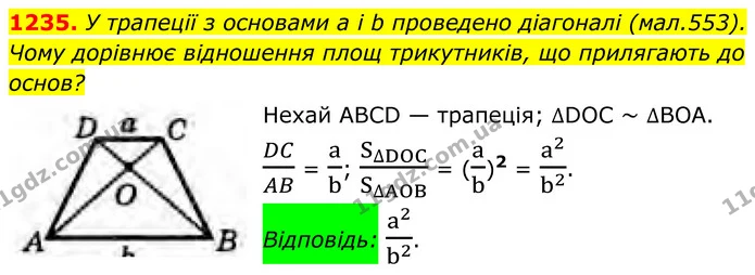 1235. У трапеції з основами а і b проведено діагоналі (мал.553). Чому дорівнює відношення площ трикутників, що прилягають до основ? — ГДЗ Геометрія 8 клас Бурда