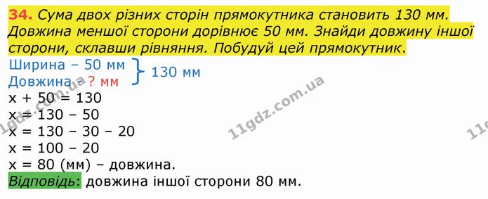 34. Сума двох різних сторін прямокутника становить 130 мм. Довжина меншої сторони дорівнює 50 мм. Знайди довжину іншої сторони, склавши — ГДЗ Математика 4 клас Оляницька