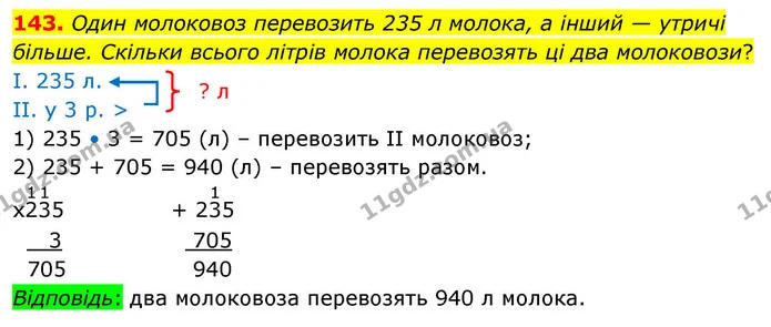 143. Один молоковоз перевозить 235 л молока, а інший — утричі більше. Скільки всього літрів молока перевозять ці два молоковози? — ГДЗ Математика 4 клас Листопад