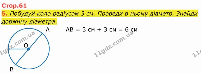 5. Побудуй коло радіусом 3 см. Проведи в ньому діаметр. Знайди довжину діаметра. — ГДЗ Математика 3 клас Логачевська 1-2 ч.