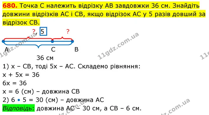 680. Точка С належить відрізку АВ завдовжки 36 см. Знайдіть довжини відрізків АС і СВ, якщо відрізок АС у 5 разів довший за відрізок — ГДЗ Математика 5 клас Кравчук