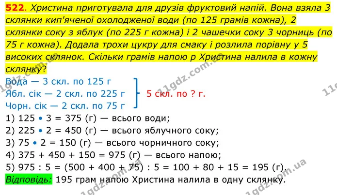 522. Христина приготувала для друзів фруктовий напій. Вона взяла 3 склянки кип'яченої охолодженої води (по 125 грамів кожна), 2 склянки — ГДЗ Математика 3 клас Бевз 2 частина
