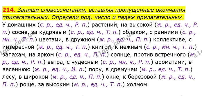 214. Запиши словосочетания, вставляя пропущенные окончания прилагательных. Определи род, число и падеж прилагательных. — ГДЗ Русский язык и чтение 4 класс Лапшина 1 ч.