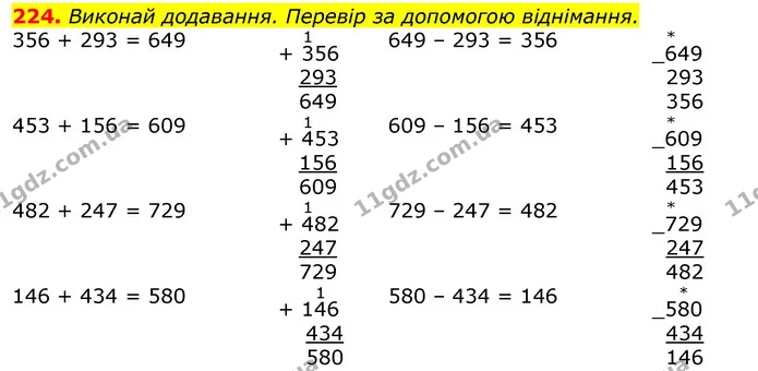 224. Виконай додавання. Перевір за допомогою віднімання. — ГДЗ Математика 3 клас Листопад 1-2 ч.