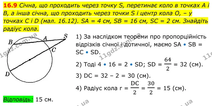 16.9 Січна, що проходить через точку S, перетинає коло в точках A і B, а інша січна, що проходить через точки S і центр кола O, – у — ГДЗ Геометрія 8 клас Істер