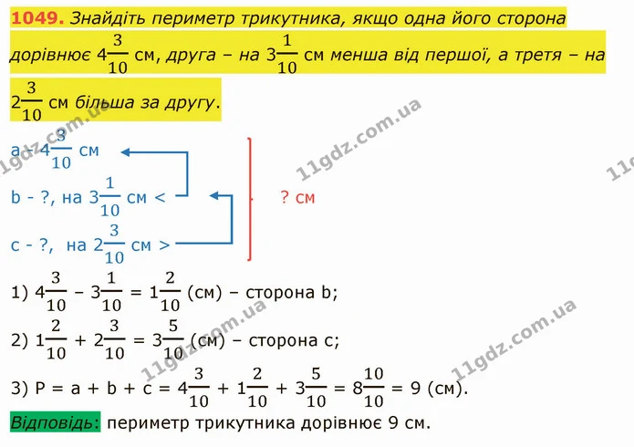 1049. Знайдіть периметр трикутника, якщо одна його сторона дорівнює 4310 см, друга – на 3110 см менша від першої, а третя – на 2310 см — ГДЗ Математика 5 клас Тарасенкова 2022