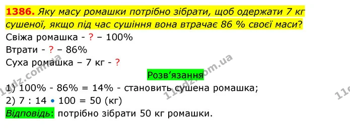 1386. Яку масу ромашки потрібно зібрати, щоб одержати 7 кг сушеної, якщо під час сушіння вона втрачає 86 % своєї маси? — ГДЗ Математика 5 клас Тарасенкова 2022
