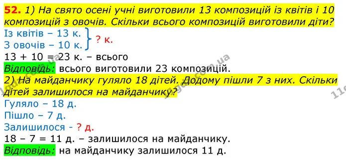 52. 1) На свято осені учні виготовили 13 композицій із квітів і 10 композицій з овочів. Скільки всього композицій виготовили діти? — ГДЗ Математика 3 клас Листопад 1-2 ч.