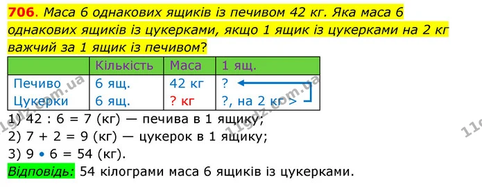 706. Маса 6 однакових ящиків із печивом 42 кг. Яка маса 6 однакових ящиків із цукерками, якщо 1 ящик із цукерками на 2 кг важчий за 1 — ГДЗ Математика 3 клас Бевз 2 частина