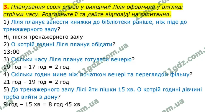 3. Планування своїх справ у вихідний Ліля оформила у вигляді стрічки часу. Розгляньте її та дайте відповіді на запитання. — ГДЗ Математика 4 клас Логачевська 1-2 ч. 2021