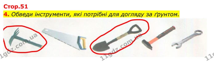 4. Обведи інструменти, які потрібні для догляду за ґрунтом. — ГДЗ Робочий зошит Я досліджую світ 4 клас Гільберг