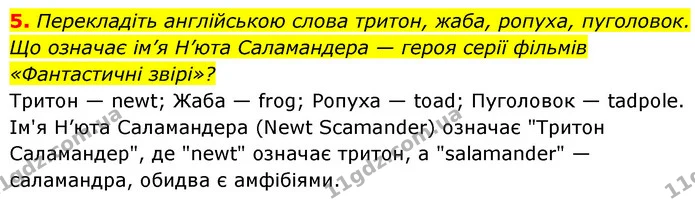 5. Перекладіть англійською слова тритон, жаба, ропуха, пуголовок. Що означає ім’я Н’юта Саламандера — героя серії фільмів «Фантастичні — ГДЗ Біологія 7 клас Тагліна