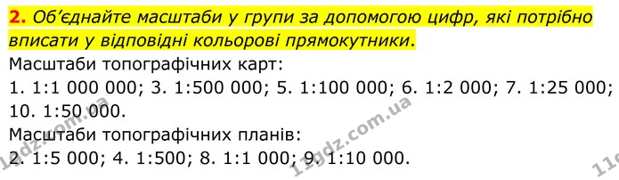 2. Об’єднайте масштаби у групи за допомогою цифр, які потрібно вписати у відповідні кольорові прямокутники. — ГДЗ Зошит практичні Географія 8 клас Гільберг