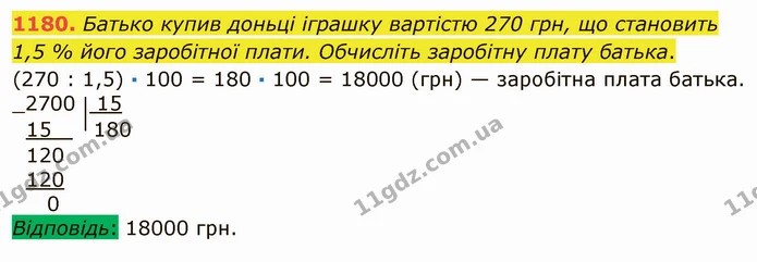 1180. Батько купив доньці іграшку вартістю 270 грн, що становить 1,5 % його заробітної плати. Обчисліть заробітну плату батька. — ГДЗ Математика 5 клас Мерзляк