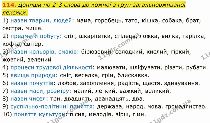 114. Допиши по 2-3 слова до кожної з груп загальновживаної лексики. — ГДЗ Українська мова 5 клас Онатій