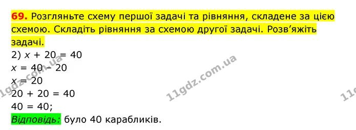 69. Розгляньте схему першої задачі та рівняння, складене за цією схемою. Складіть рівняння за схемою другої задачі. Розв’яжіть задачі. — ГДЗ Математика 3 клас Будна 1-2 ч.