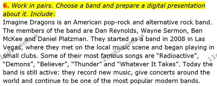 6. Work in pairs. Choose a band and prepare a digital presentation about it. Include: — ГДЗ Англійська мова 8 клас Карпюк 2025