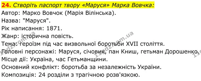 24. Створіть паспорт твору «Маруся» Марка Вовчка: — ГДЗ Українська література 8 клас Калинич