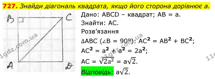 727. Знайди діагональ квадрата, якщо його сторона дорівнює а. — ГДЗ Геометрія 8 клас Бевз