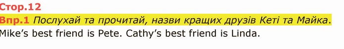 Впр.1a Послухай та прочитай, назви кращих друзів Кеті та Майка. Mike’s best friend is Pete. Cathy’s best friend is Linda. — ГДЗ Англійська мова 6 клас Карпюк 2014