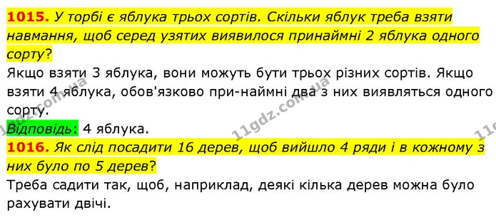1015. У торбі є яблука трьох сортів. Скільки яблук треба взяти навмання, щоб серед узятих виявилося принаймні 2 яблука одного сорту? — ГДЗ Математика 6 клас Бевз 1-2 ч.