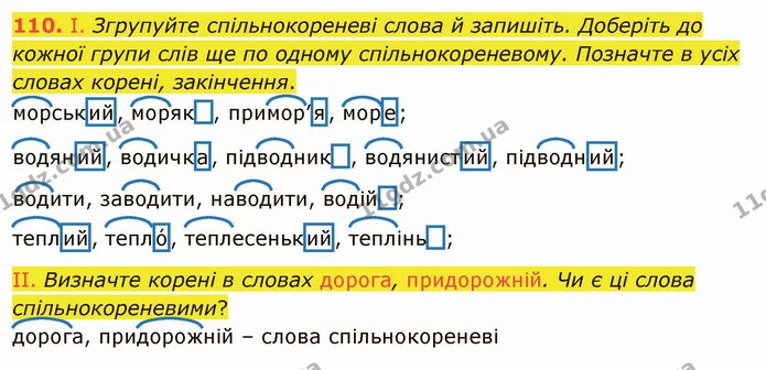 110. І. Згрупуйте спільнокореневі слова й запишіть. Доберіть до кожної групи слів ще по одному спільнокореневому. Позначте в усіх — ГДЗ Українська мова 5 клас Заболотний 2022