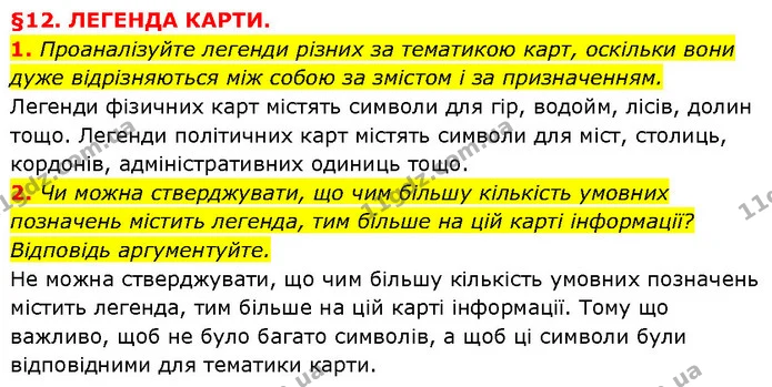 1. Проаналізуйте легенди різних за тематикою карт, оскільки вони дуже відрізняються між собою за змістом і за призначенням. — ГДЗ Географія 6 клас Запотоцький