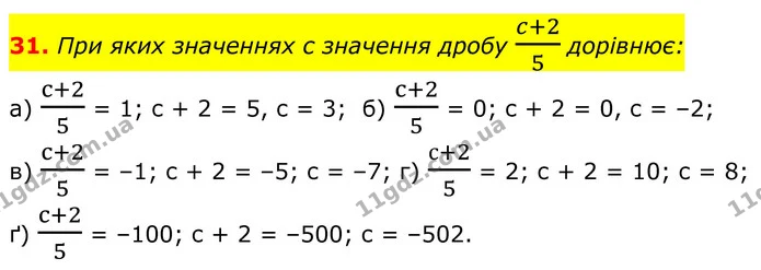 31. При яких значеннях с значення дробу c+25 дорівнює: — ГДЗ Алгебра 8 клас Бевз