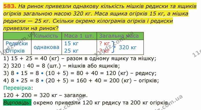 583. На ринок привезли однакову кількість мішків редиски та ящиків огірків загальною масою 320 кг. Маса ящика огірків 15 кг, а мішка — ГДЗ Математика 4 клас Лишенко 1-2 ч.