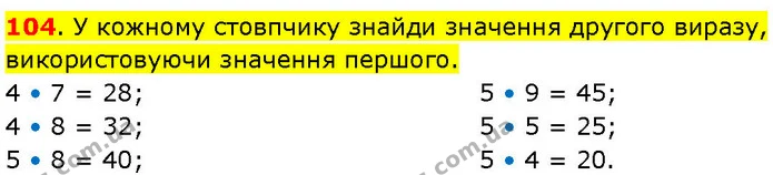 104. У кожному стовпчику знайди значення другого виразу, використовуючи значення першого. — ГДЗ Математика 3 клас Козак 1-2 ч.