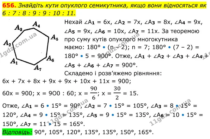 656. Знайдіть кути опуклого семикутника, якщо вони відносяться як 6 : 7 : 8 : 9 : 9 : 10 : 11. — ГДЗ Геометрія 8 клас Мерзляк