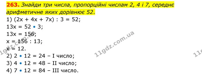 263. Знайди три числа, пропорційні числам 2, 4 і 7, середнє арифметичне яких дорівнює 52. — ГДЗ Математика 6 клас Бевз 1-2 ч.