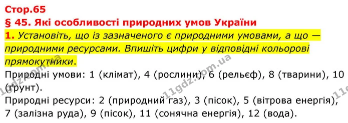1. Установіть, що із зазначеного є природними умовами, а що — природними ресурсами. Впишіть цифри у відповідні кольорові прямокутники. — ГДЗ Зошит практичні Географія 8 клас Гільберг