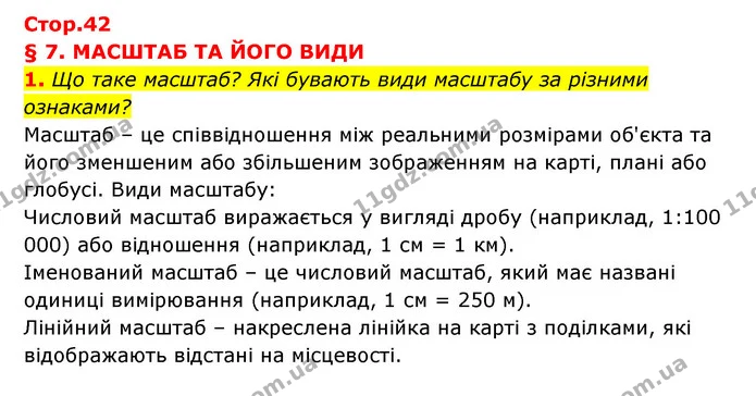 1. Що таке масштаб? Які бувають види масштабу за різними ознаками? — ГДЗ Географія 6 клас Кобернік (2023)