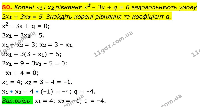 80. Корені x1 і x2 рівняння x2 – 3x + q = 0 задовольняють умову — ГДЗ Алгебра 9 клас Істер
