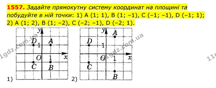 1557. Задайте прямокутну систему координат на площині та побудуйте в ній точки: 1) А (1; 1), В (1; –1), С (–1; –1), D (–1; 1); 2) А (1 — ГДЗ Математика 6 клас Тарасенкова 2023 1-2 ч.