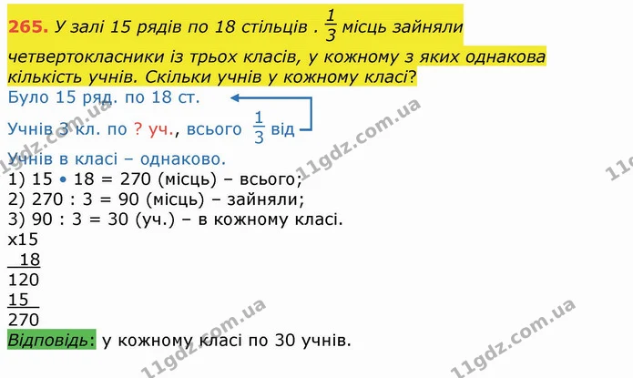 265. У залі 15 рядів по 18 стільців . місць зайняли четвертокласники із трьох класів, у кожному з яких однакова кількість учнів — ГДЗ Математика 4 клас Лишенко 1-2 ч.