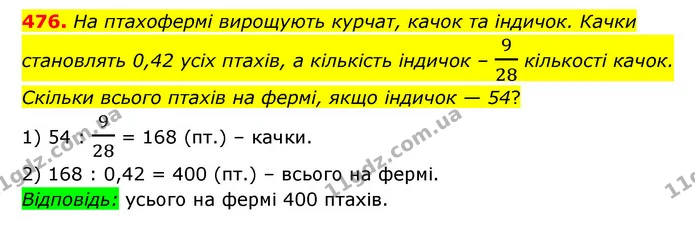 476. На птахофермі вирощують курчат, качок та індичок. Качки становлять 0,42 усіх птахів, а кількість індичок – 928 кількості качок — ГДЗ Математика 6 клас Мерзляк 2023 1-2 ч.