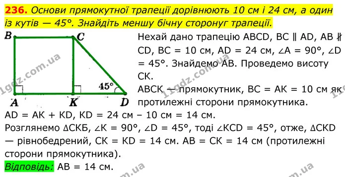 236. Основи прямокутної трапеції дорівнюють 10 см і 24 см, а один із кутів — 45°. Знайдіть меншу бічну сторонуг трапеції. — ГДЗ Геометрія 8 клас Мерзляк