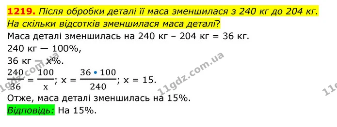 1219. Після обробки деталі її маса зменшилася з 240 кг до 204 кг. На скільки відсотків зменшилася маса деталі? — ГДЗ Математика 6 клас Мерзляк 2023 1-2 ч.